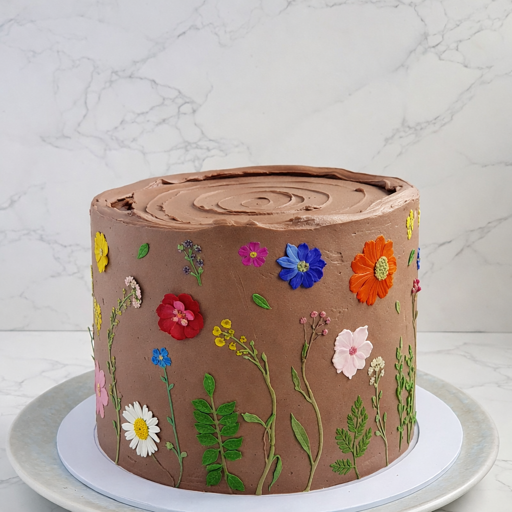 Guinness cake decorated with pressed edible flowers