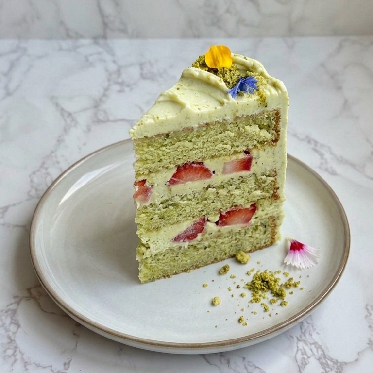 Pistachio strawberry cake with pistachio buttercream