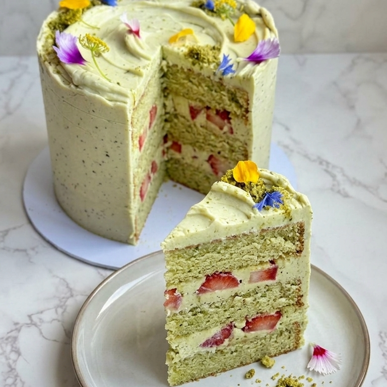 Pistachio strawberry cake decorated with fresh flowers